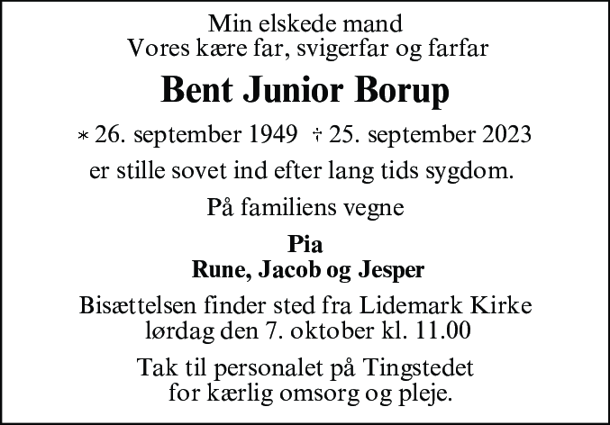 Dødsannonce for Bent Junior Borup