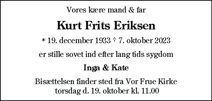 Dødsannonce for Kurt Frits Eriksen