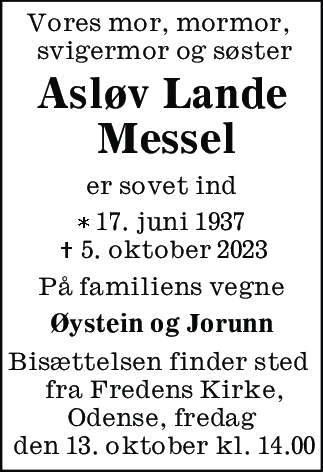 Dødsannonce for Asløv Lande Messel