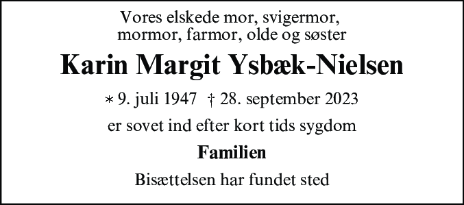 Dødsannonce for Karin Margit Ysbæk-Nielsen