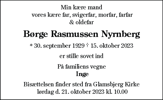 Dødsannonce for Børge Rasmussen Nyrnberg
