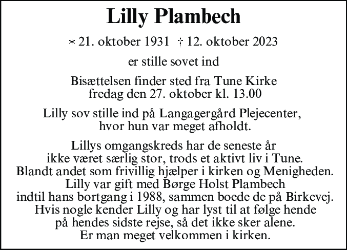 Dødsannonce for Lilly Plambech