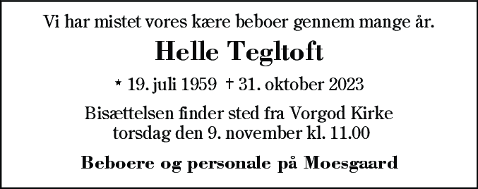 Dødsannonce for Helle Tegltoft