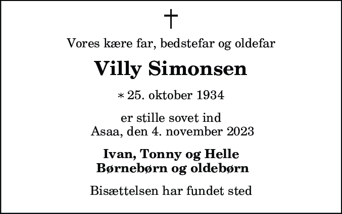 Dødsannonce for Villy Simonsen