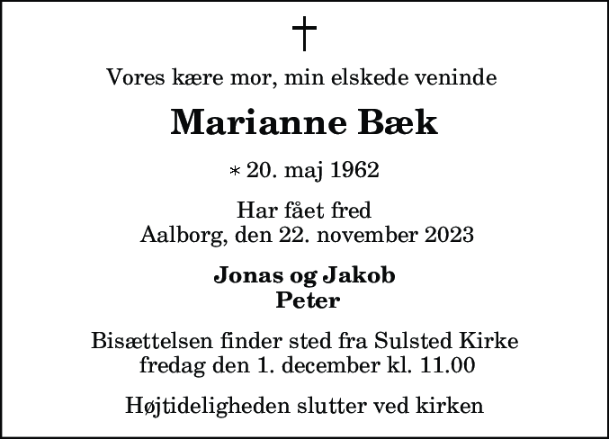 Dødsannonce for Marianne Bæk