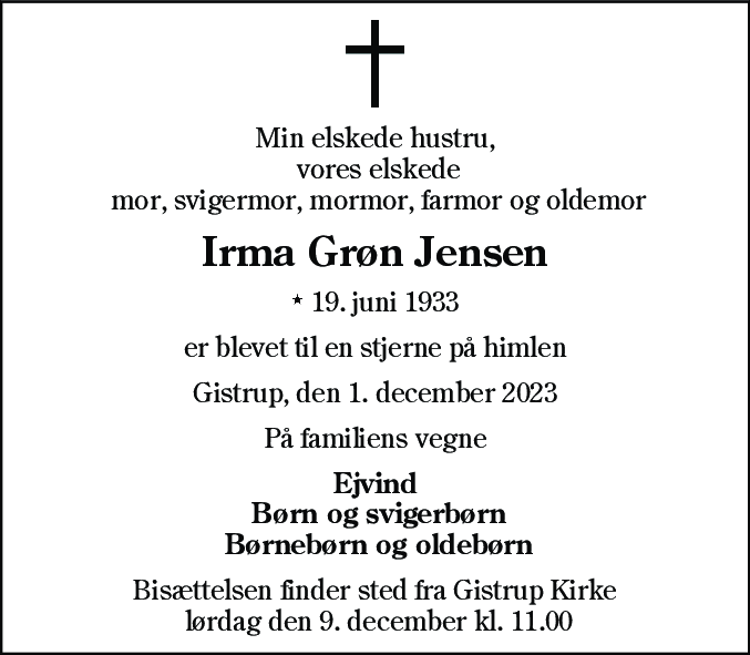 Dødsannonce for Irma Grøn Jensen