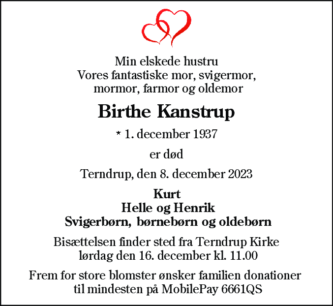 Dødsannonce for Birthe Kanstrup