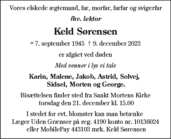 Dødsannonce for Keld Sønderskov Sørensen