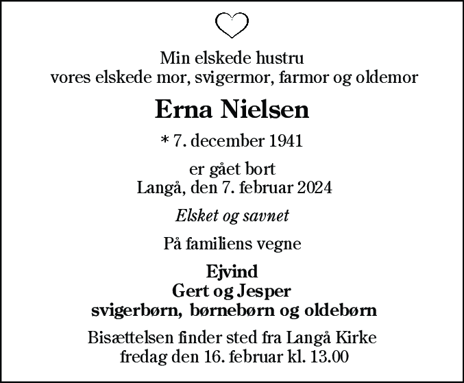 Dødsannonce for Erna Nielsen