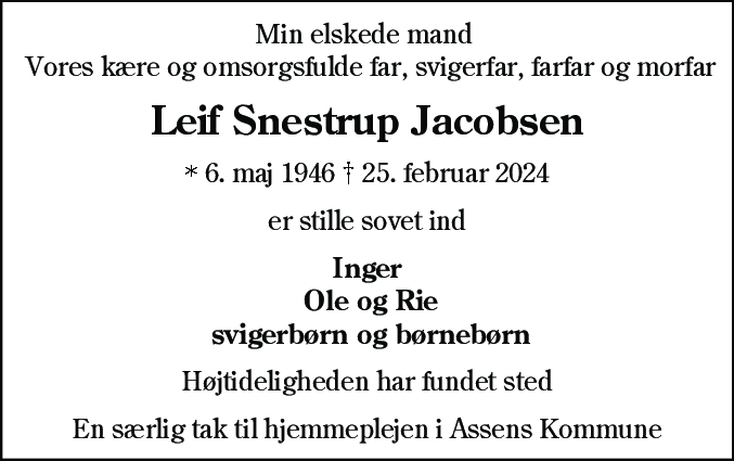 Dødsannonce for Leif Snestrup Jacobsen