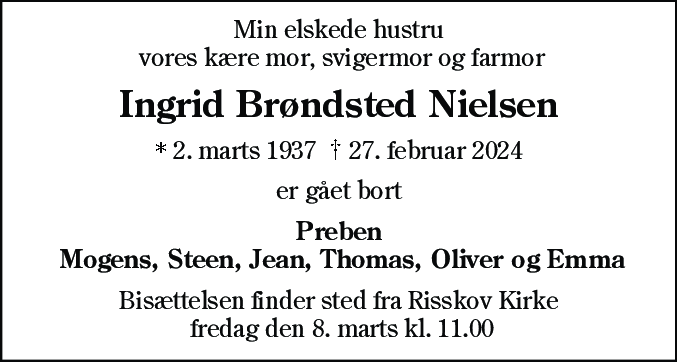 Dødsannonce for Ingrid Brøndsted Nielsen