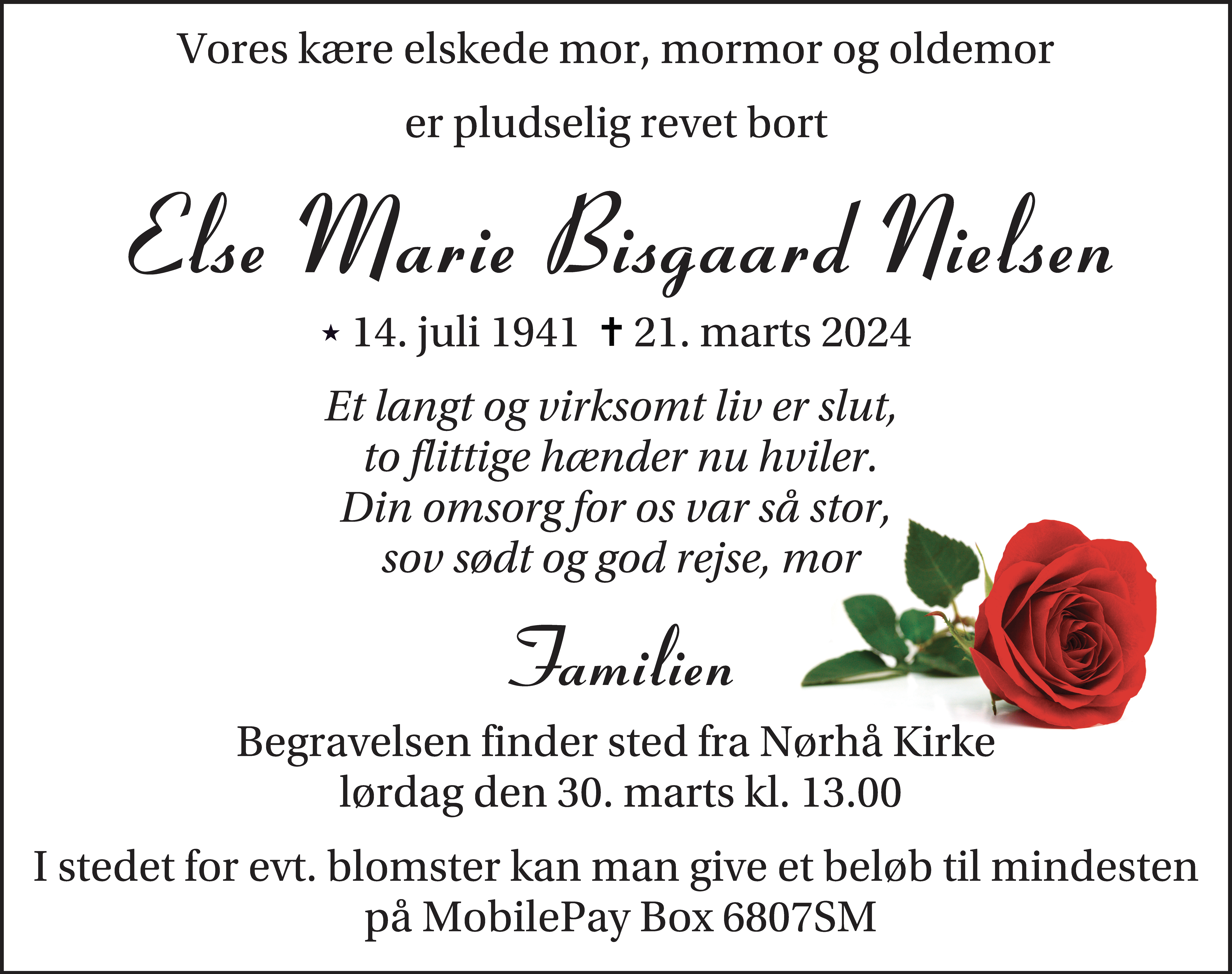 Dødsannonce for Else Marie Bisgaard Nielsen