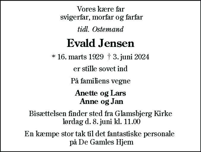 Dødsannonce for Evald Jensen