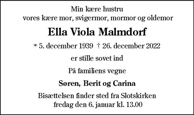 Dødsannonce for Ella Viola Malmdorf