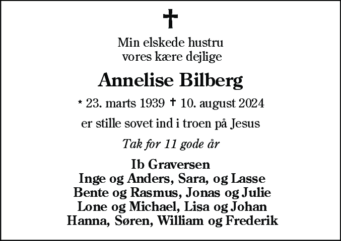 Dødsannonce for Annelise Bilberg