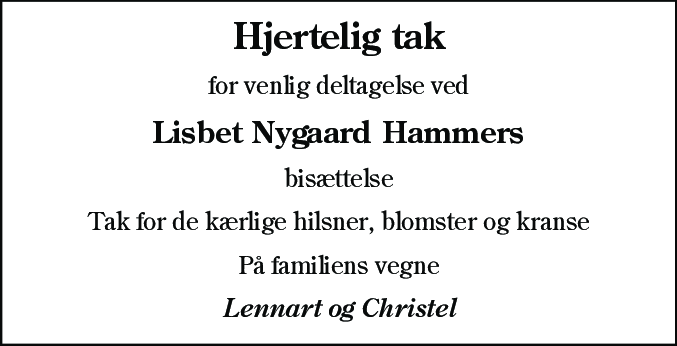 Dødsannonce for Lisbet Nygaard Hammer