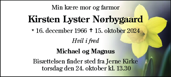 Dødsannonce for Kirsten Lyster Nørbygaard