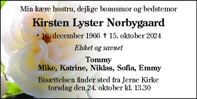 Dødsannonce for Kirsten Lyster Nørbygaard