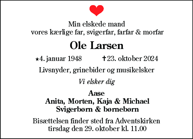 Dødsannonce for Ole Larsen