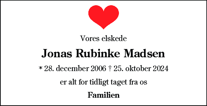 Dødsannonce for Jonas Rubinke Madsen
