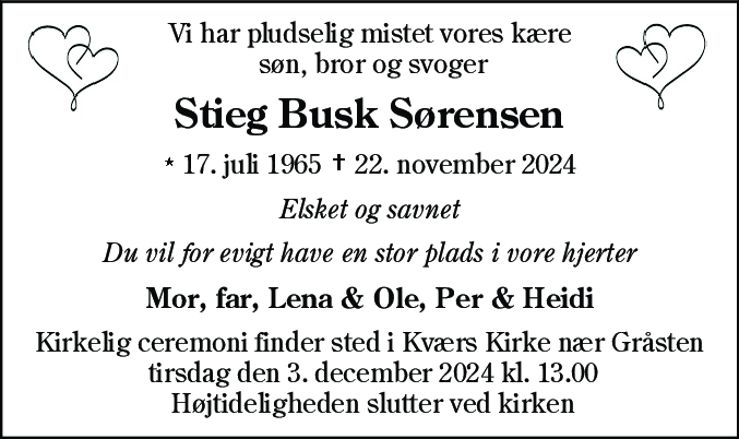 Dødsannonce for Stieg Busk Sørensen