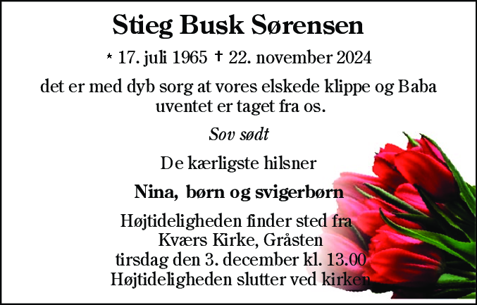 Dødsannonce for Stieg Busk Sørensen