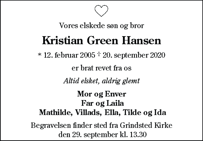 Dødsannonce for Kristian Green Hansen