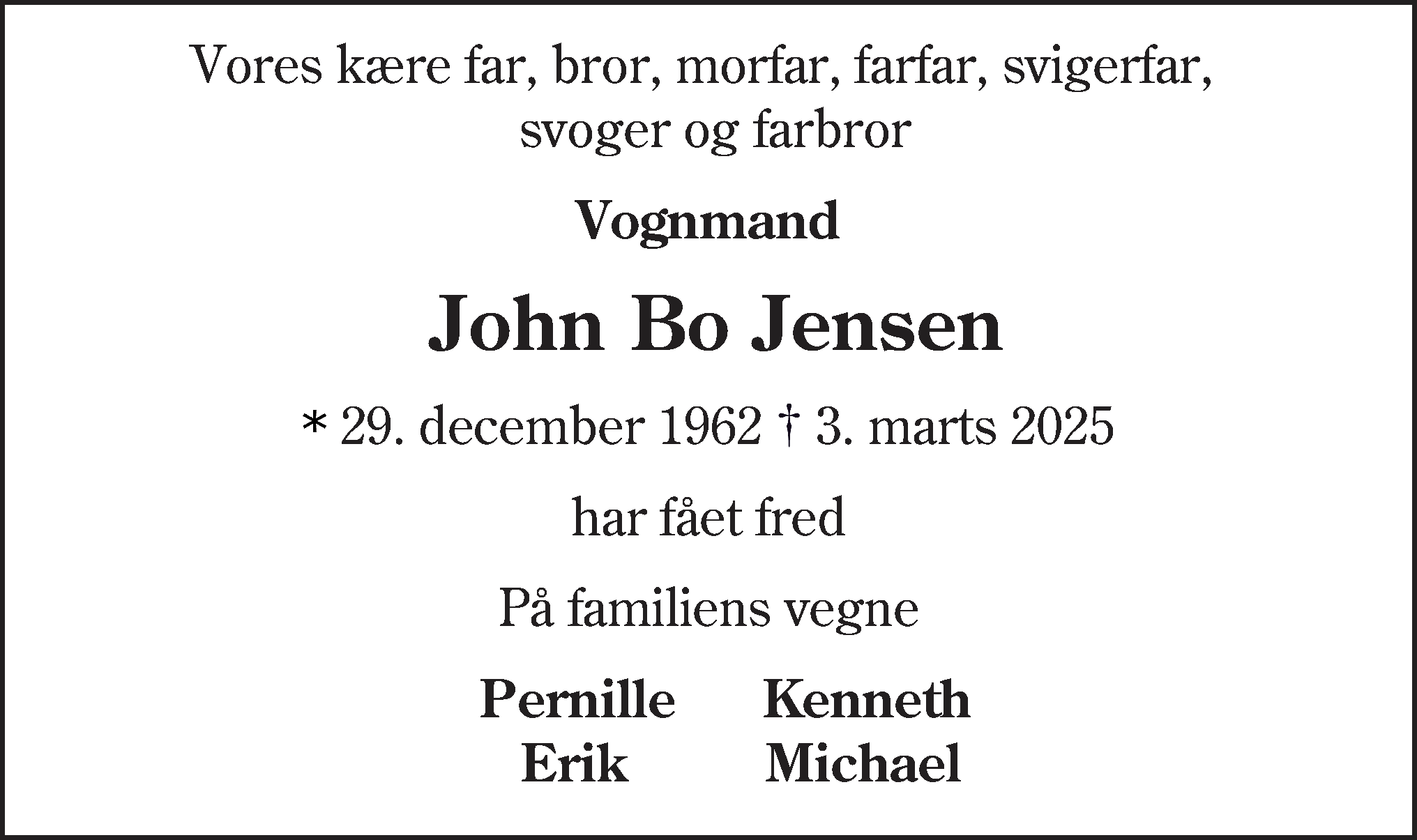 Dødsannonce for John Bo Jensen
