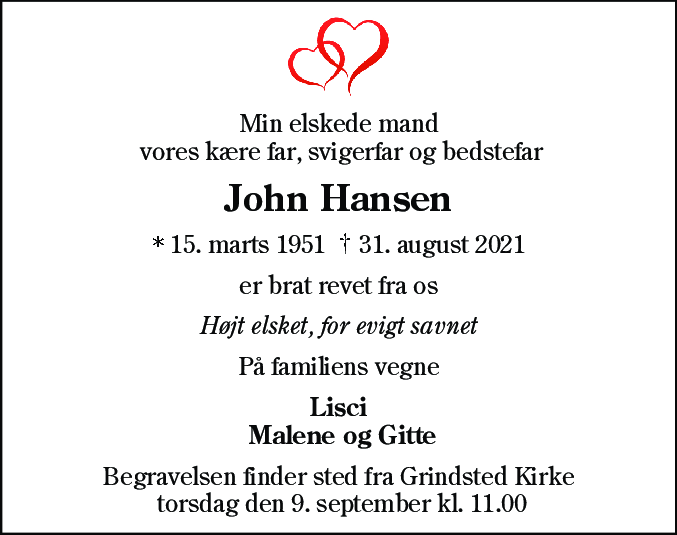 Dødsannonce for John Hansen