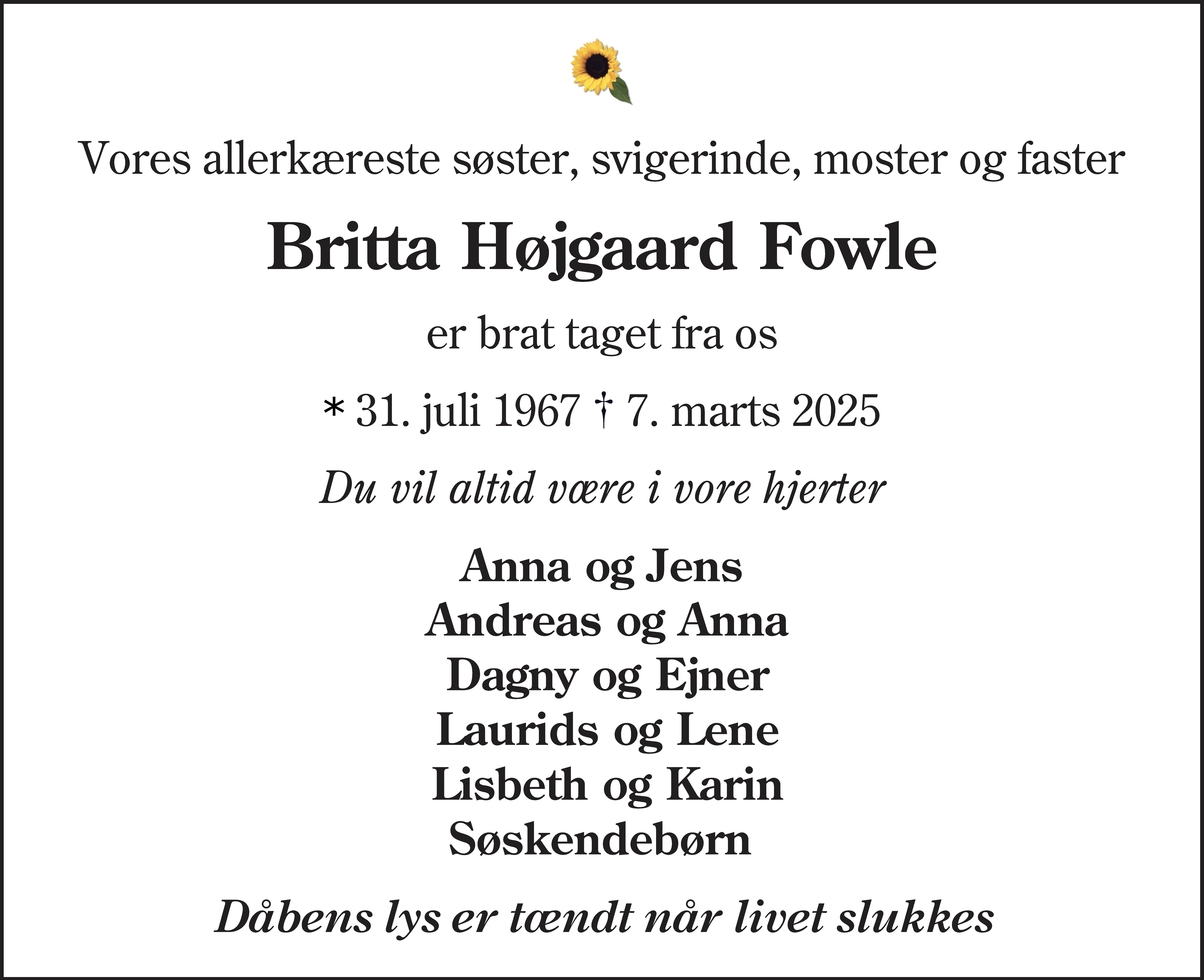 Dødsannonce for Britta Højgaard Fowle