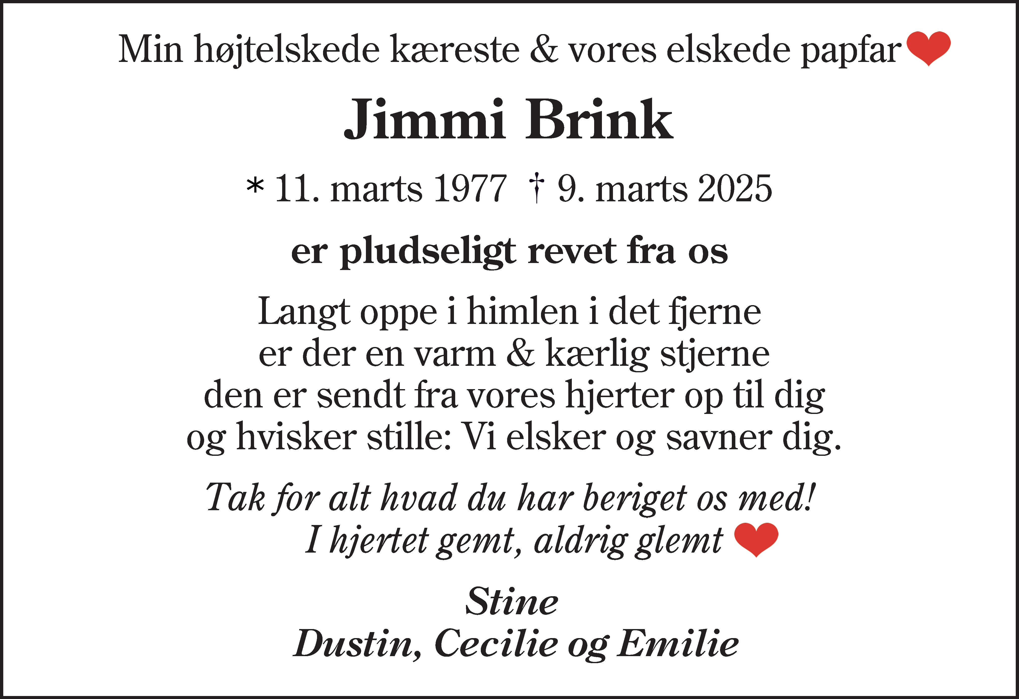 Dødsannonce for Jimmi Brink