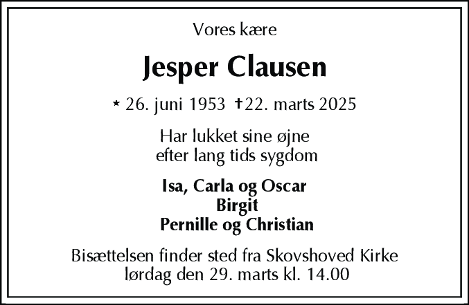Dødsannonce for Jesper Clausen