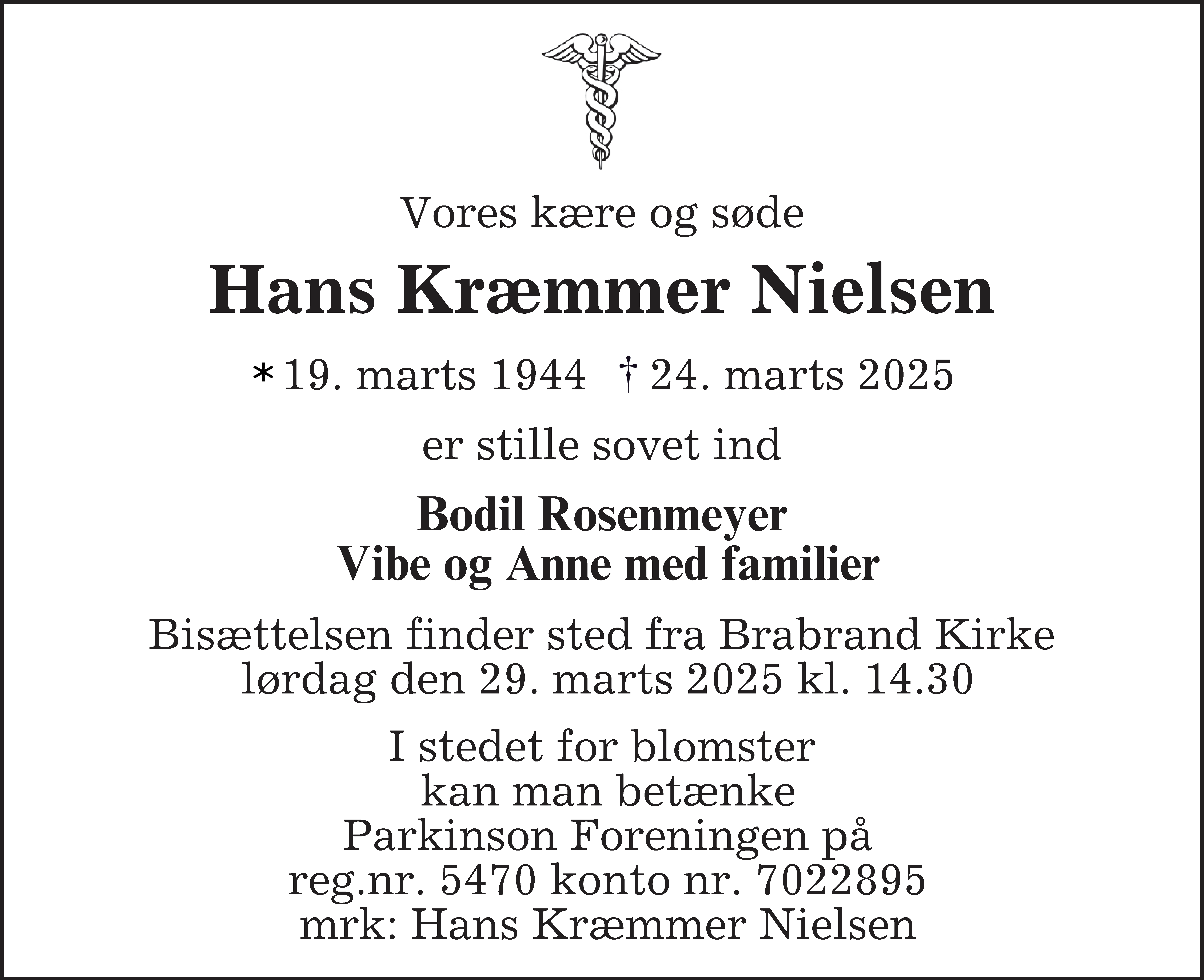 Dødsannonce for Hans Kræmmer Nielsen
