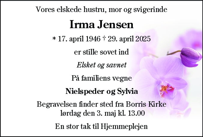 Dødsannonce for Irma Jensen