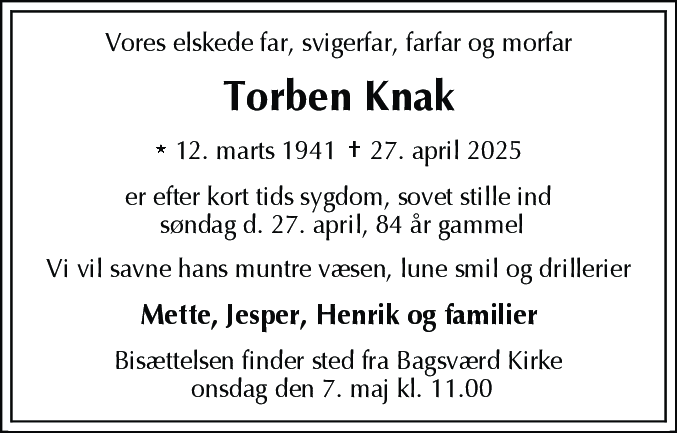 Dødsannonce for Torben Knak