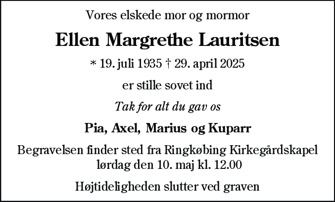Dødsannonce for Ellen Margrethe Lauritsen