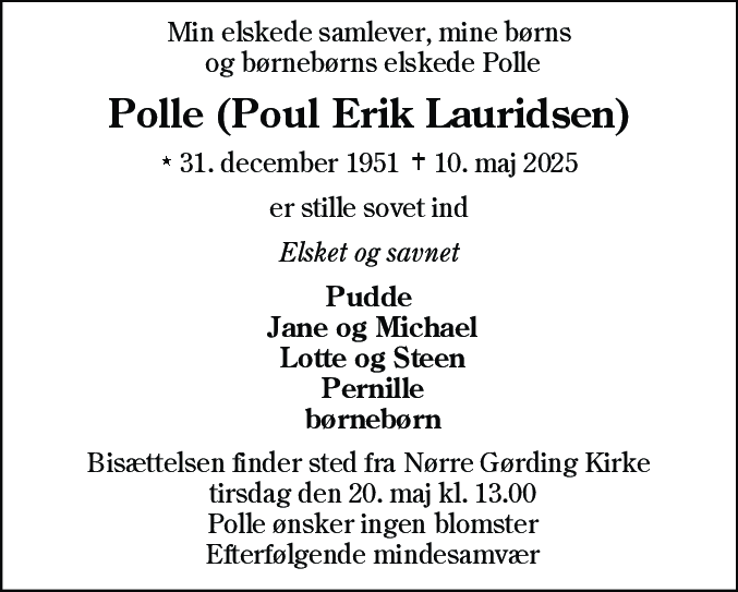 Dødsannonce for Poul Erik Lauridsen