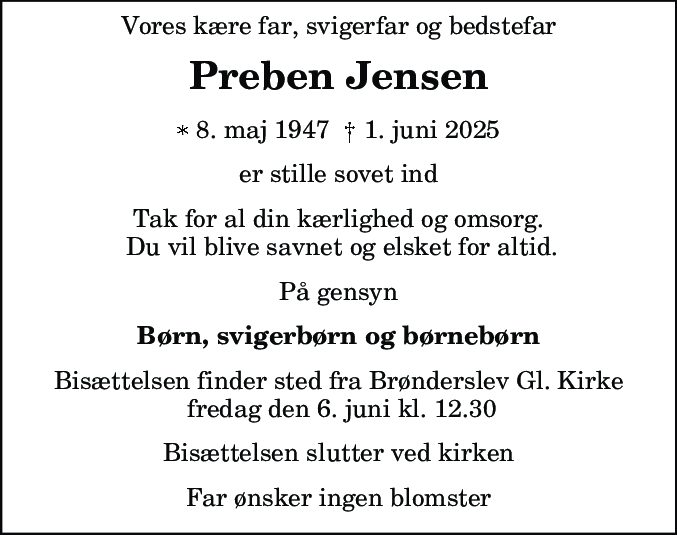 Dødsannonce for Preben Jensen