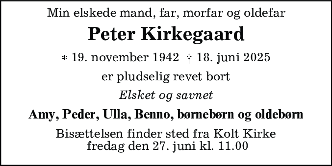 Dødsannonce for Peter Kirkegaard