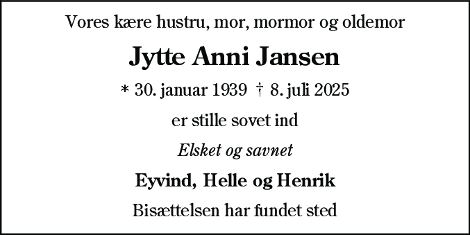 Dødsannonce for Jytte Anni Jansen