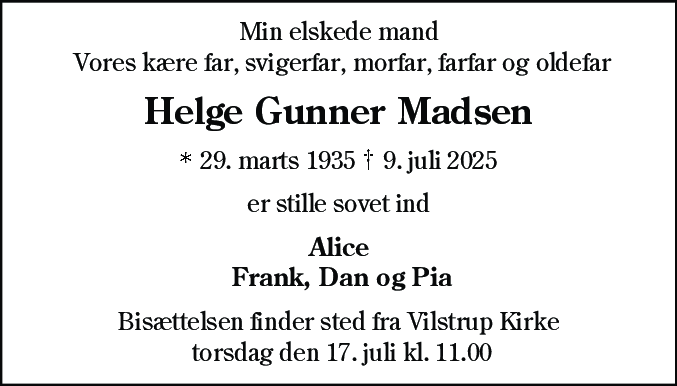Dødsannonce for Helge Gunner Madsen