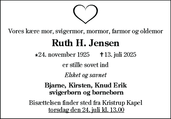 Dødsannonce for Ruth H. Jensen