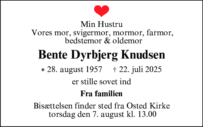 Dødsannonce for Bente Dyrbjerg Knudsen