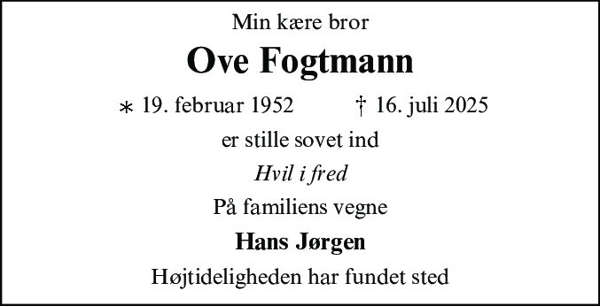 Dødsannonce for Ove Fogtmann