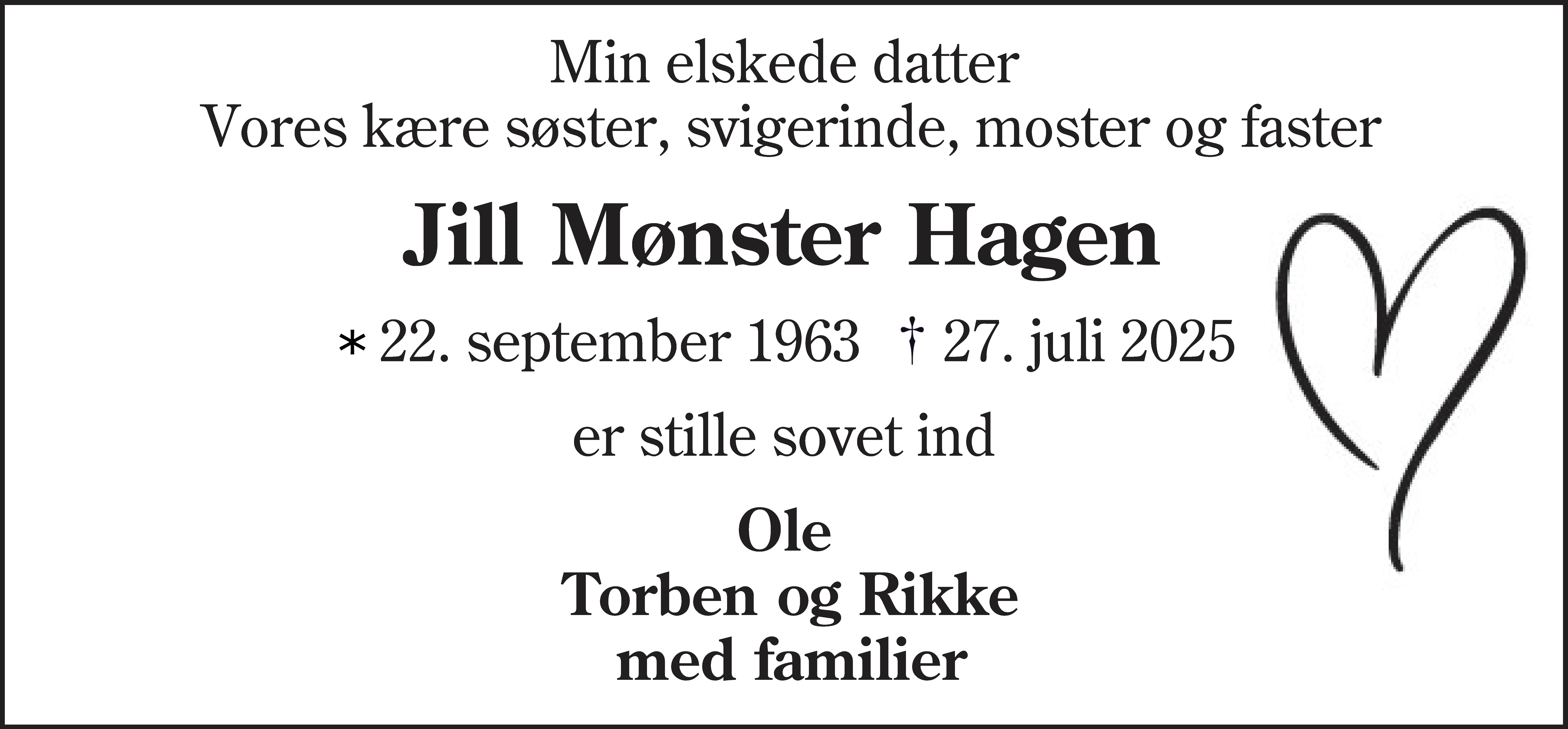 Dødsannonce for Jill Mønster Hagen