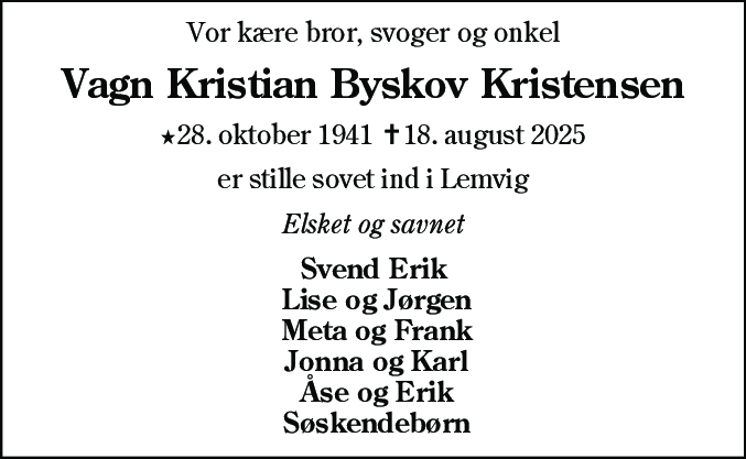 Dødsannonce for Vagn Kristian Byskov Kristensen
