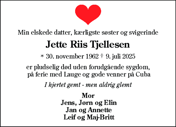 Dødsannonce for Jette Riis Tjellesen