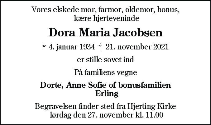 Dødsannonce for Dora Maria Jacobsen