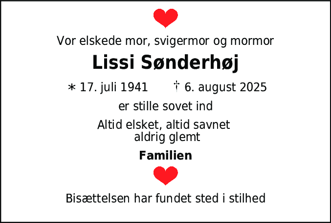 Dødsannonce for Lissi Sønderhøj