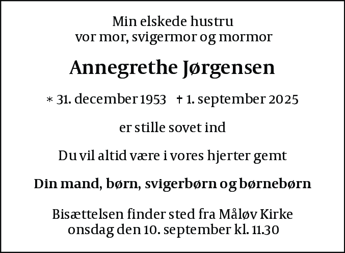 Dødsannonce for Annegrethe Jørgensen